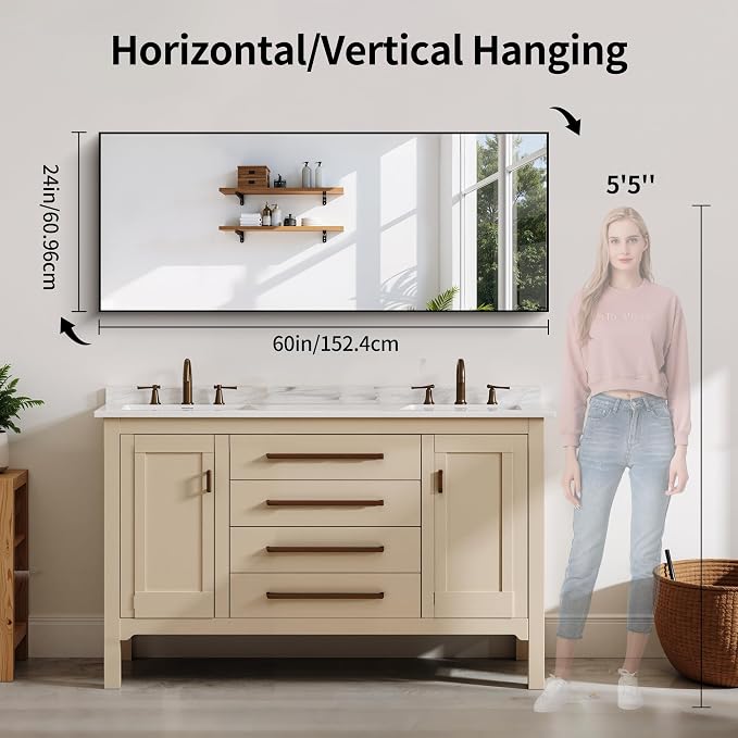 YIROMAN Bathroom Mirror 60"x24", Matte Black Bathroom Mirror for Over Sink with Aluminum Frame, Rectangular Vanity Mirror with Right Angles, Wall Mirror Hangs Horizontal or Vertical, Shatterproof