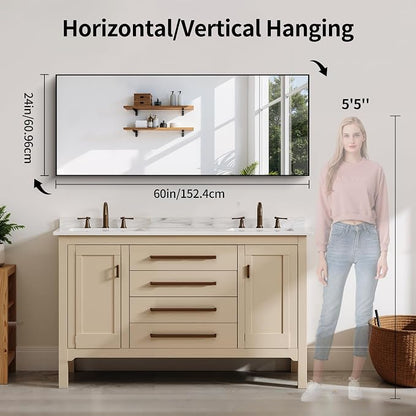 YIROMAN Bathroom Mirror 60"x24", Matte Black Bathroom Mirror for Over Sink with Aluminum Frame, Rectangular Vanity Mirror with Right Angles, Wall Mirror Hangs Horizontal or Vertical, Shatterproof