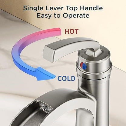 FORIOUS Brushed Nickle Bathroom Faucet Single Handle One Hole Antique Waterfall Bathroom Faucet with Metal Pop Up Drain and Deck Plate for Lavatory Vanity Farmhouse RV