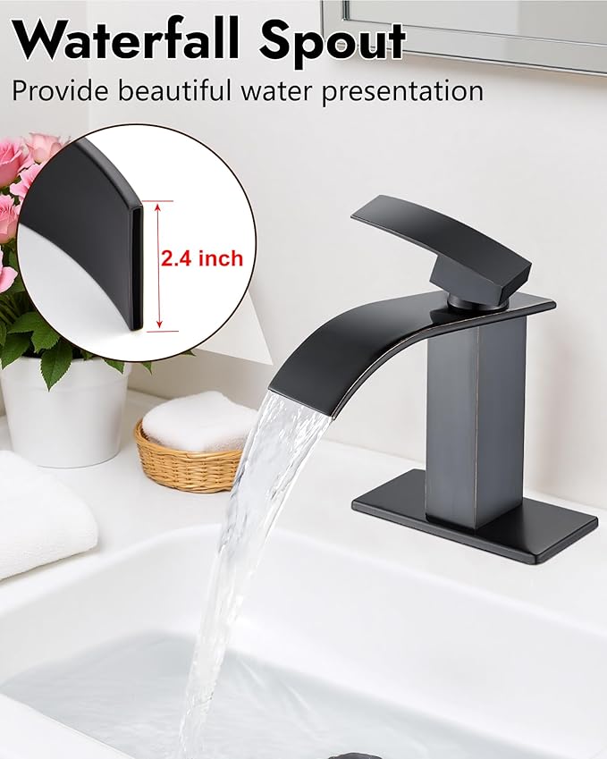 Midanya Bathroom Faucet with Waterfall Spout, Single Hole or 3-Hole Deck Mount, 304 Stainless Steel Sink Faucet with Pop-Up Drain, RV Vanity Compatible,Oil Rubbed Bronze
