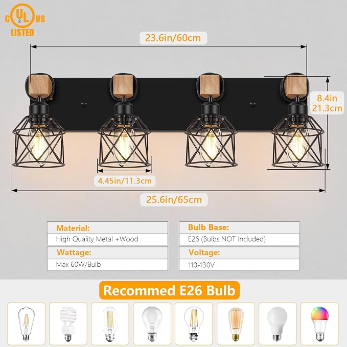 FadimiKoo 4-Light Bathroom Vanity Light Fixtures, Black Bathroom Lighting | Rustic Wood & Black Metal Shade, Wood Bathroom Lighting Fixtures Over Mirror, Wall Sconces for Bathroom Bedroom Living Room