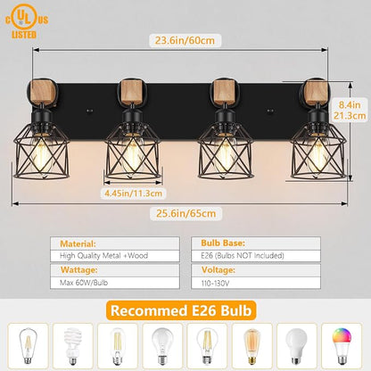 FadimiKoo 4-Light Bathroom Vanity Light Fixtures, Black Bathroom Lighting | Rustic Wood & Black Metal Shade, Wood Bathroom Lighting Fixtures Over Mirror, Wall Sconces for Bathroom Bedroom Living Room