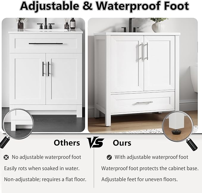 IDEALHOUSE 24 Freestanding Bathroom Vanity with Sink,Bathroom Cabinet | White Bathroom Vanity With Sink & Adjustable Foot, Storage Cabinet With Ceramic Basin, Soft-Close Door & Drawer, Mdf