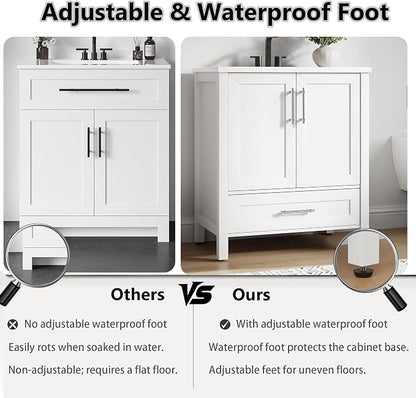 IDEALHOUSE 24 Freestanding Bathroom Vanity with Sink,Bathroom Cabinet | White Bathroom Vanity With Sink & Adjustable Foot, Storage Cabinet With Ceramic Basin, Soft-Close Door & Drawer, Mdf