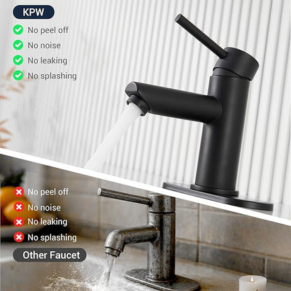 KPW Bathroom Sink Faucet Matte Black, Single Handle Stainless Steel Deck Mount, 1 or 3 Hole, with Pop-Up Drain with Overflow