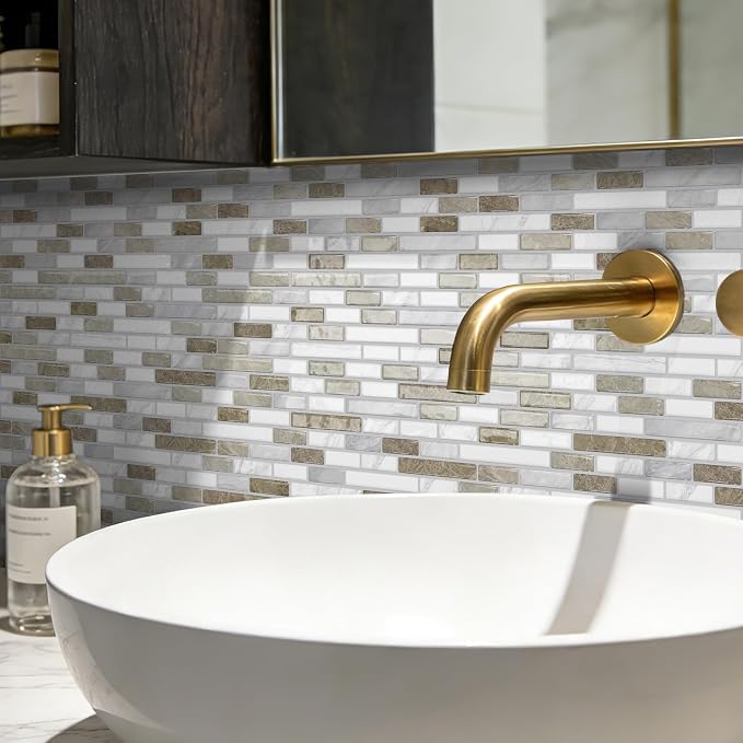 URCOLOR 10-Sheet Peel and Stick Backsplash Tile for Kitchen, 12”×12” Stick on Wall Tile for Bathroom, Beige & White