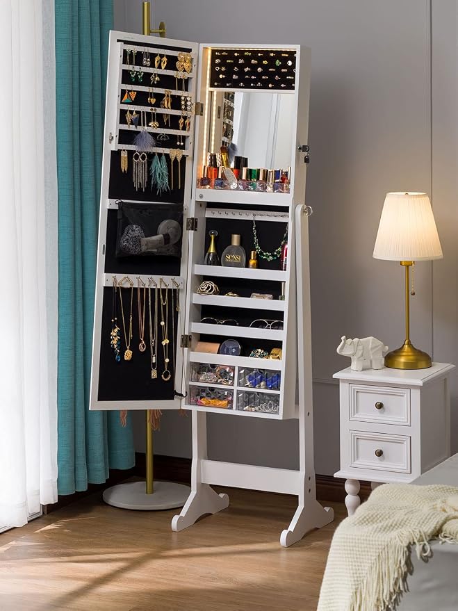 LUXFURNI 62.6" Standing Jewelry Armoire Cabinet with Storage Mirror | Built‑in LED Makeup Mirror, 3 Tilt Angles, 48H Runtime with 6AA Batteries, Acrylic Lipstick Tray, Engineered Wood for Bedroom