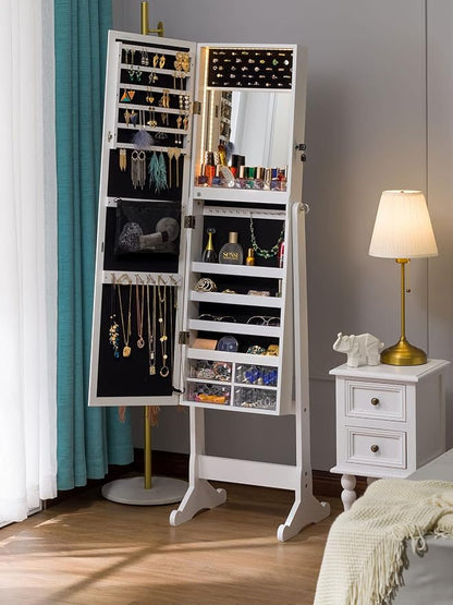 LUXFURNI 62.6" Standing Jewelry Armoire Cabinet with Storage Mirror | Built‑in LED Makeup Mirror, 3 Tilt Angles, 48H Runtime with 6AA Batteries, Acrylic Lipstick Tray, Engineered Wood for Bedroom