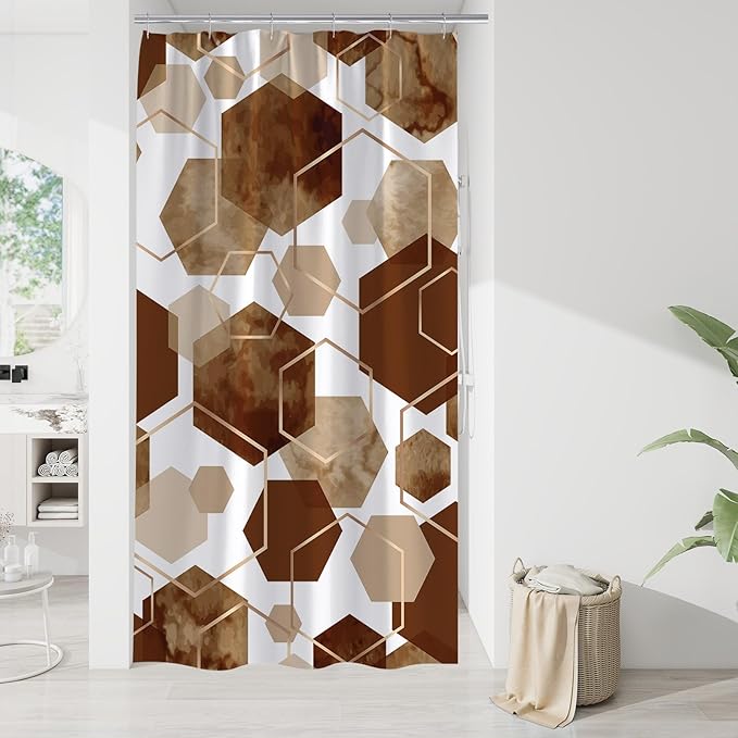 Litabel Small Stall Shower Curtain Set, Geometric Bathroom Decor 36x72 | Narrow Half Modern Minimalist Shower Curtais, Brown Geometric Art Print Abstract Waterproof Bath Curtain
