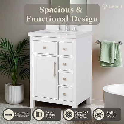 Lavanti Oakford 24 Inch Bathroom Vanity with Sink – Stylish White Vanity Bathroom with Storage Cabinet – Modern Bathroom Vanities with Single Vanity Sink & Quartz Countertop