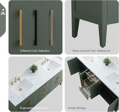 Vanity Art 72 inch Bathroom Vanity with Double Sink & Ceramic Top, Vanity Cabinet with Soft-Closing Doors, Drawers, Solid Wood Frame, Vintage Green, Golden Brushed Handware