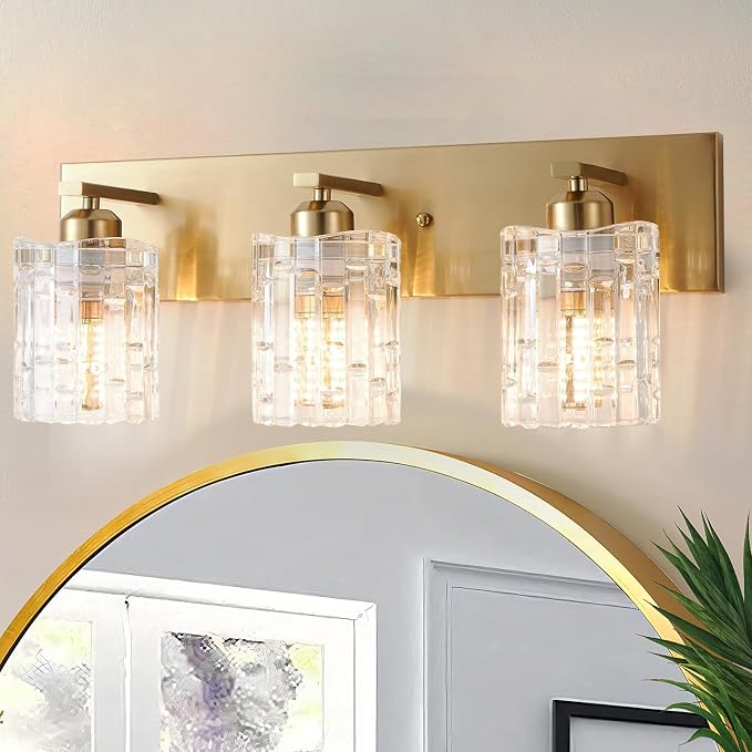 3 Lights Brushed Gold Crystal Bathroom Vanity Light,Modern Bathroom Wall Light,Crystal Over Mirror Light Fixtures for Living Room, Bedroom, Hallway