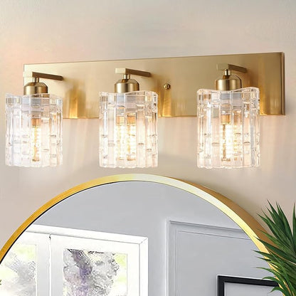 3 Lights Brushed Gold Crystal Bathroom Vanity Light,Modern Bathroom Wall Light,Crystal Over Mirror Light Fixtures for Living Room, Bedroom, Hallway