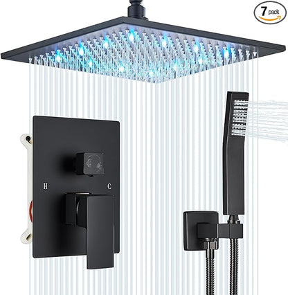 12 Inches Ceiling Mount Shower Faucets Sets Complete Shower System LED Rainfall Shower Head System Rough-in Valve Body and Trim Included Matte Black…