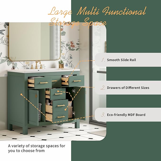 36 Inch Green Bathroon Vanity with Sink,Modern Bathroom Sink Cabinet 36" with 4 Drawers & 2 Cabinets,Integrated Countertop,Gold Handles,Soft Closing,Solid Wood Frame