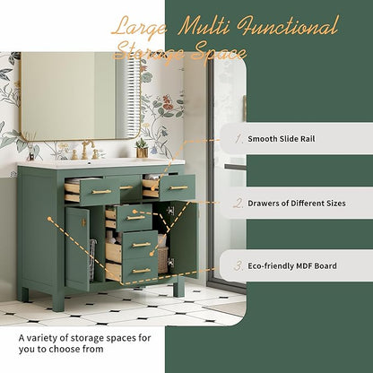 36 Inch Green Bathroon Vanity with Sink,Modern Bathroom Sink Cabinet 36" with 4 Drawers & 2 Cabinets,Integrated Countertop,Gold Handles,Soft Closing,Solid Wood Frame