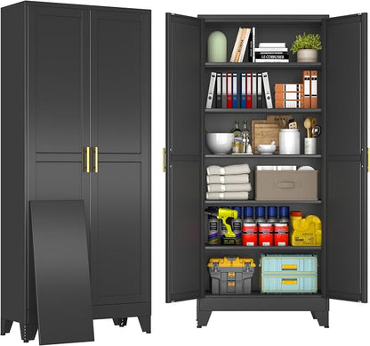 75" Black Metal Storage Cabinet with 2 Doors and 5 Adjustable Shelves,Steel Garage Tool Cabinet, File Cabinet,Kitchen Pantry Cabinet for Home,Office,Garage,School,Warehouse