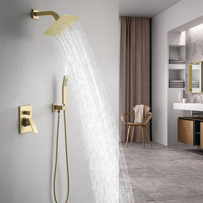 JOYWELL Shower Faucet Brushed Gold Shower System 8 Inches Rain Shower and Handheld Shower Combo,2-Function Pressure Balance Shower Fixtures,Included Shower Trim Kit