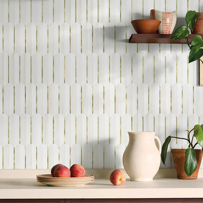 Vamos Tile Peel and Stick Backsplash Seamless Tile,Fish Scale,Glossy,10 pcs | 11.9''x10.8'',White& Dolomite PVC+Light Gold Stick on Backsplash Tile for Kitchen & Bathroom & Laundry & Camper