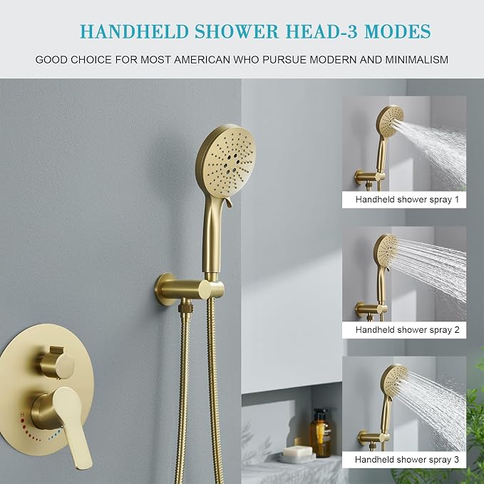Brushed Gold Shower Faucet with Handheld Sprayer- 12 Inch Shower Head System Has Rain Shower Head and Handheld with Brass Valve- The Rainfall Shower Set for Bathroom Shower Fixtures