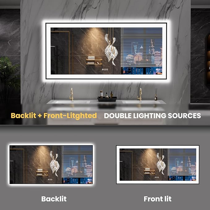 LOAAO 60"X30" LED Bathroom Mirror Black Framed | Anti-Fog, Dimmable, Memory Function, Tempered Glass, Lighted Vanity Mirror for Wall