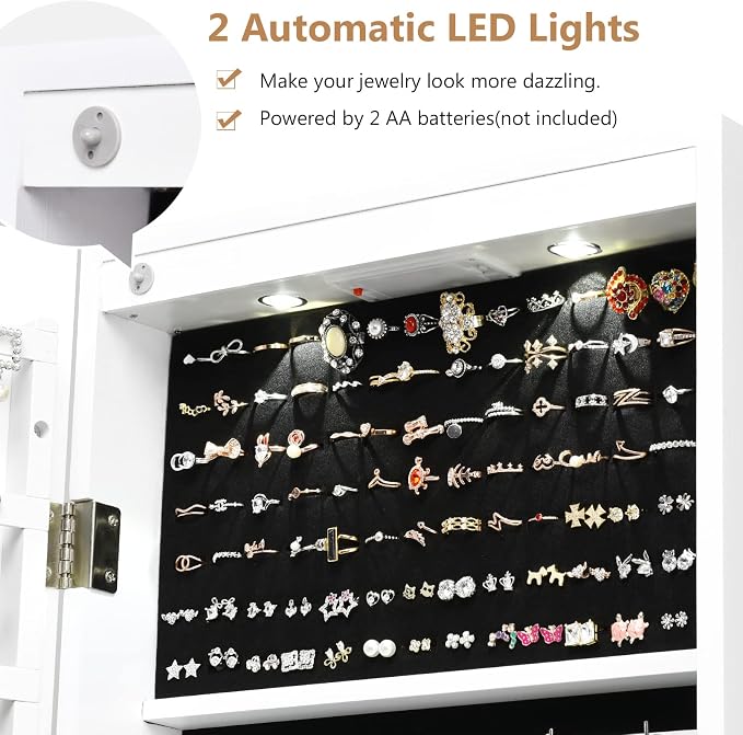 COSTWAY Wall Mounted Jewelry Armoire with Full Length Mirror & 2 LED Lights, Large Storage Capacity, Lockable Mirror Jewelry Cabinet for Women Girls (White)