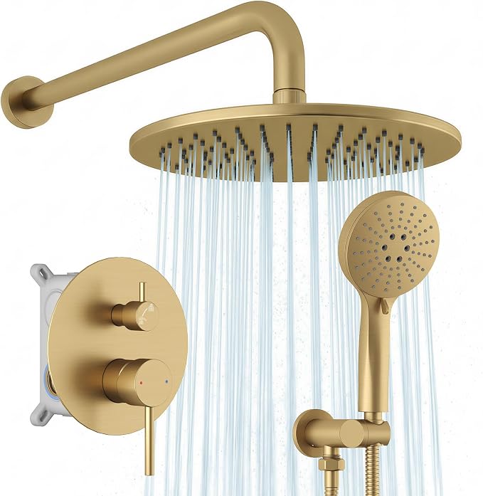 Hoimpro Brushed Gold Rain Shower Head Shower Faucet System Fixture Set | 10 Inch Round Rain Shower Head with Handheld Combo 2 in 1 Sprayer Shower Valve with Trim Kit Wall Mounted Rainfall Showerhead