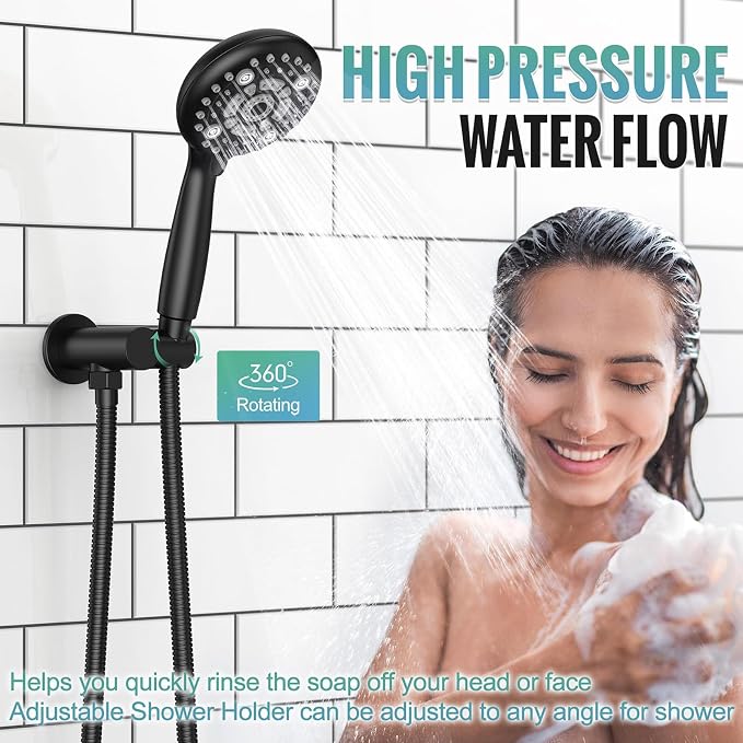 SR SUN RISE 10" Matte Black Rain Shower Faucet Set with Valve & Handheld | Dual-function High Pressure Shower System, 6-Setting Handheld, Pressure-balanced Valve Anti-Scald, Push-button Diverter