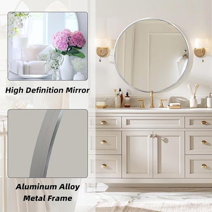 Round Silver Mirror 30 Inch, Brushed Nickel Large Circle Mirror | Chrome Metal Frame, Circular Wall Mirrors for Bathroom, Living Room,Entryway,Bedroom,Hallway, Dining Room, High Definition