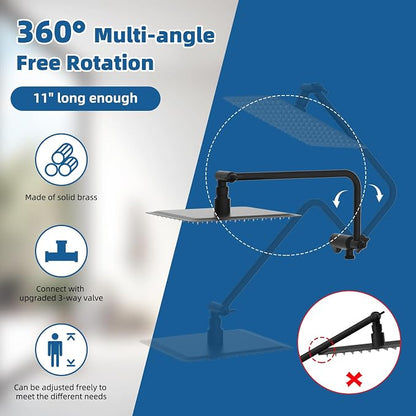 12" Metal Rainfall Shower Head with 10-Mode Handheld, Matteblack | NSF/ANSI/CAN 372 Certified, High Pressure Showerhead Combo with 11" Adjustable Shower Arm, 71" Hose, Shower Head Holder