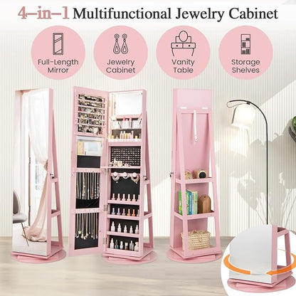 MAT EXPERT 360° Rotating Jewelry Armoire, Lockable Freestanding Jewelry Organizer w/Full-length Mirror, 3-Color LED Lights, Rear Storage Shelves, Mirror Jewelry Cabinet for Bedroom (Pink)