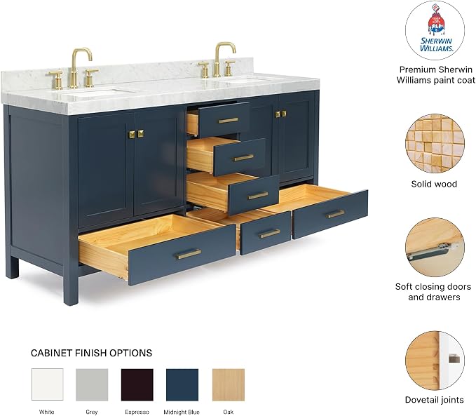 Beckford 72" Midnight Blue Double Bathroom Vanity with 2" Edge Italian Carrara Marble Top, Dual Rectangular Undermount Sinks, 4 Soft Closing Doors, 6 Dovetail Drawers, Brushed Nickel