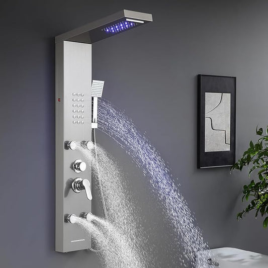 POPFLY Shower Panel, LED Rainfall & Waterfall Shower Head, 5-in-1 Shower System with Body Massage Jets, Handheld Spray, Tub Spout, Stainless Steel Wall Mounted Shower Tower, Brushed Nickel