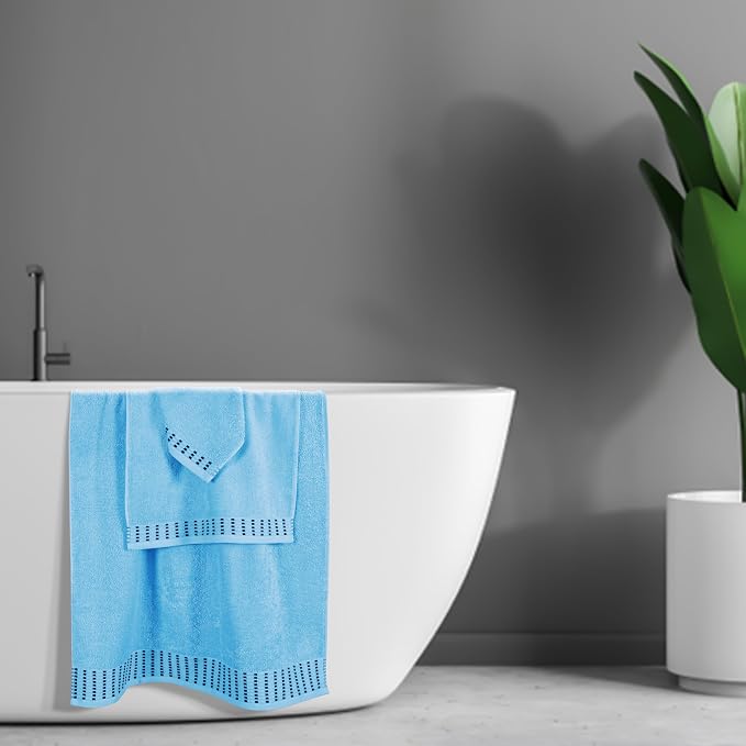 Ultra Soft 3 Pack Cotton Towel Set, Contains a Bath Towels 28x55 inch, a Hand Towels 16x24 inch & a Wash Cloths 12x12 inch, Ideal Everyday use, Compact & Lightweight - Sky Blue