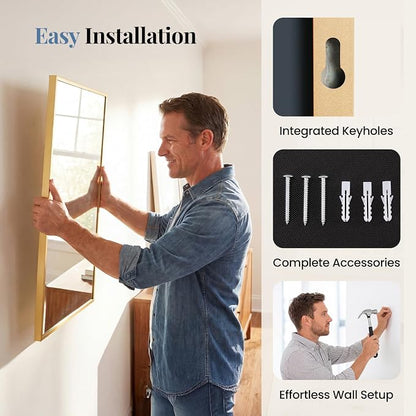 NEWBULIG Bathroom Wall Mirror, Vanity Mirror, 30x48 Inch | Rectangle Metal Frame, Tempered Glass, Over Sink Entryway, Living Room Hang, Horizontal or Vertical, Gold