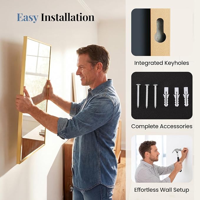 NEWBULIG Bathroom Wall Mirror, Vanity Mirror, 30x40 Inch | Rectangle Metal Frame, Tempered Glass, Over Sink Entryway, Living Room Hang, Horizontal or Vertical, Gold