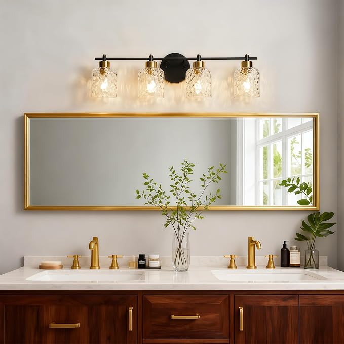 4 Light Black and Brass Bathroom Light Fixture with Hammered Glass Mirror | 30.7" Black and Gold Farmhouse Vanity Light, Vanity Lighting Fixtures, Rustic Vanity Lights for Bathroom Lights for Makeup