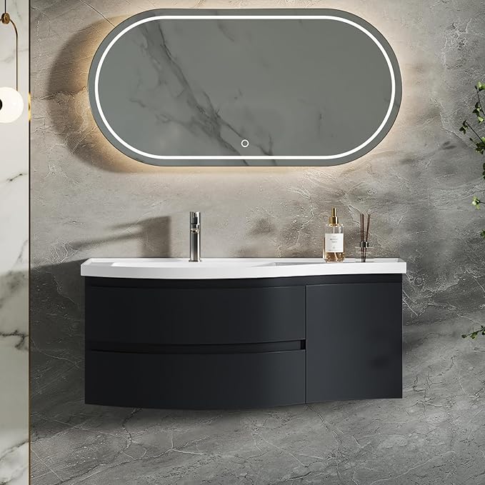 Floating Bathroom Vanity with Sink, 35.4" Modern Curved Bathroom Vanity, Wall Mounted Half-Circle Bathroom Cabinet, White & Black, Left-Hand Sink
