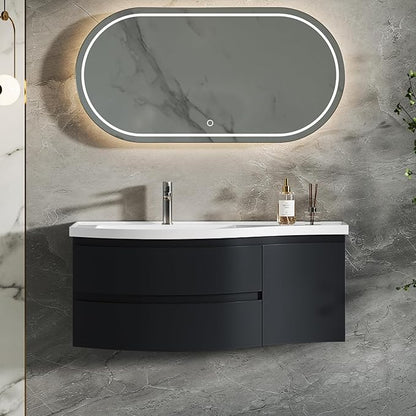 Floating Bathroom Vanity with Sink, 35.4" Modern Curved Bathroom Vanity, Wall Mounted Half-Circle Bathroom Cabinet, White & Black, Left-Hand Sink