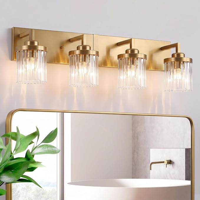 Modern 4-Light Gold Vanity Lights, Crystal Glass Bathroom Fixtures | Brushed Gold Finish, Rust-resistant Metal, Industrial Design, E26 Compatible, Over Mirror Wall Light for Bathroom Restroom