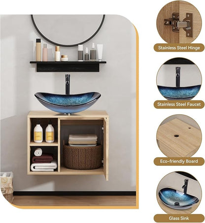 YOURLITE 24" Floating Bathroom Vanity, Wall-Mounted Bathroom Vanity and Sink Combo with Mirror and Faucet & Pop Up Drain Set Blue Glass Boat Bathroom Sink
