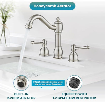 gotonovo 8 Inch Widespread Bathroom Faucets for Sink 3 Hole 2 Lever Handle Deck Mount with Pop Up Drain Hot and Cold Water Supply Lines Brushed Nickel
