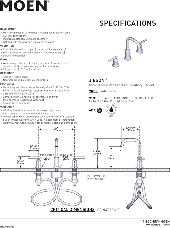 Moen Gibson Two-Handle High Arc Widespread Modern Bathroom Sink Faucet for 3-Hole Setups with Valve Included, Chrome, TV6142