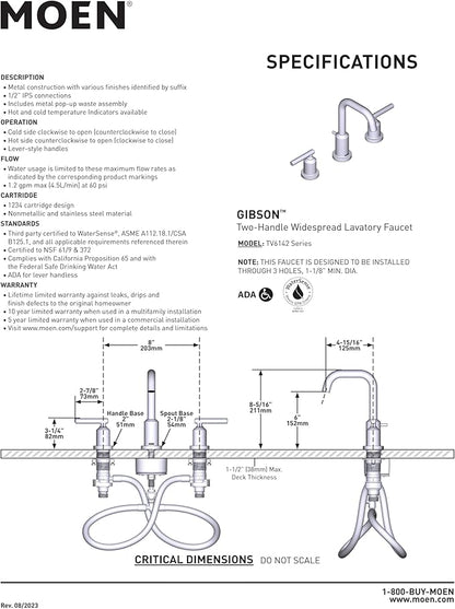 Moen Gibson Two-Handle High Arc Widespread Modern Bathroom Sink Faucet for 3-Hole Setups with Valve Included, Chrome, TV6142
