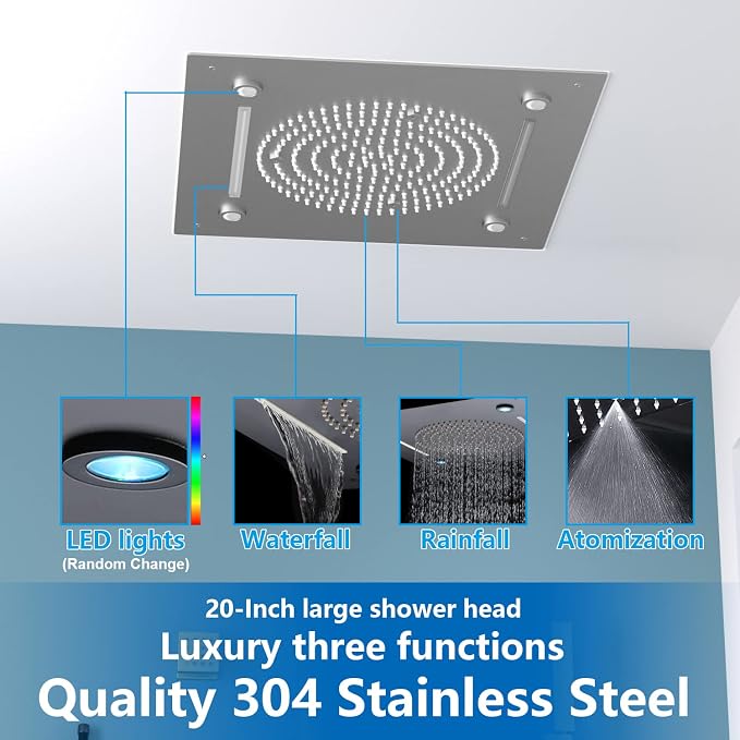 Enga Shower System With Spa Body Jets, 20 Inch LED Waterfall Atomizing Horizontal Square Ceiling Shower Head with Remote Control, Thermostatic Shower Faucet Set Flow Can Be Controlled Brushed Nickel