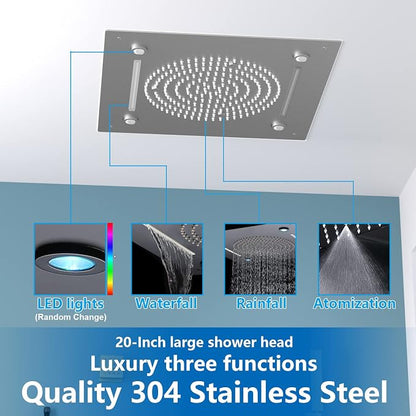 Enga Shower System With Spa Body Jets, 20 Inch LED Waterfall Atomizing Horizontal Square Ceiling Shower Head with Remote Control, Thermostatic Shower Faucet Set Flow Can Be Controlled Brushed Nickel