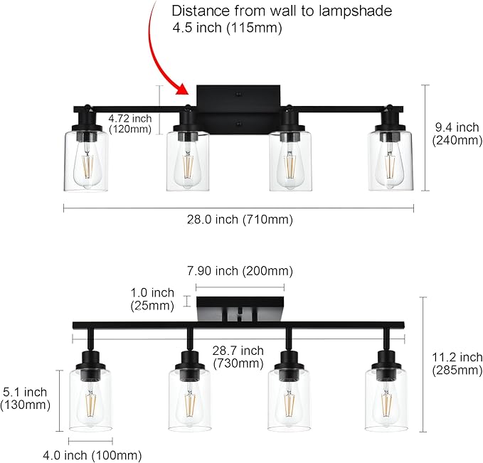 MELUCEE 4 Light Track Lighting Kit Bathroom Light Fixtures Matte Black Ceiling Spotlight Fixture for Hallway Foyer Bath Storage, Clear Glass Shade