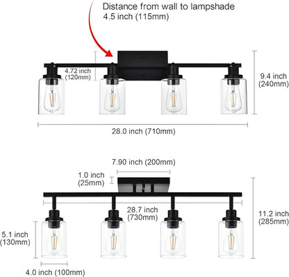 MELUCEE 4 Light Track Lighting Kit Bathroom Light Fixtures Matte Black Ceiling Spotlight Fixture for Hallway Foyer Bath Storage, Clear Glass Shade