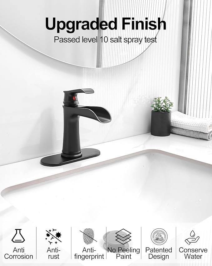 Bathroom Waterfall Faucet, Brass Matte Black Bathroom Faucet, One Handle Bathroom Faucets for Sink 1 Hole or 3 Holes, 4 Inch Bathroom Sink Faucet with Drain Deck Plate Supply Hoses for Lavatory