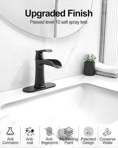 Bathroom Waterfall Faucet, Brass Matte Black Bathroom Faucet, One Handle Bathroom Faucets for Sink 1 Hole or 3 Holes, 4 Inch Bathroom Sink Faucet with Drain Deck Plate Supply Hoses for Lavatory
